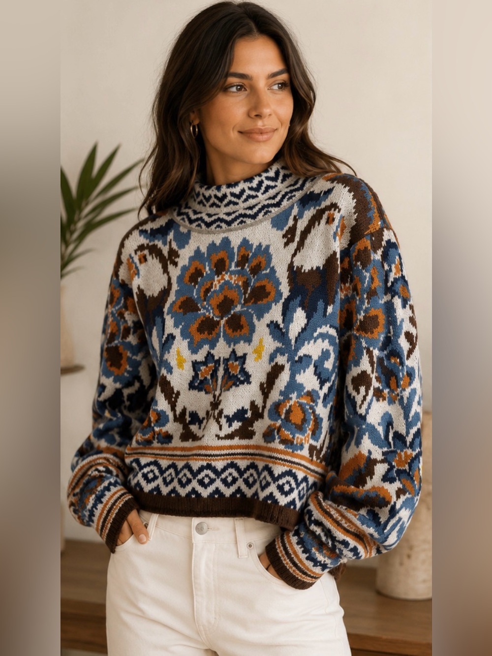 Farm Rio Winter Tapestry Puff Sleeve sweater- Size Medium